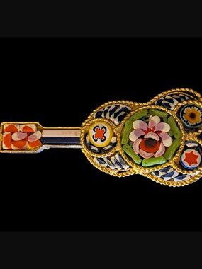 Vintage Mid Century Italian Millefiori Micro Mosaic Guitar 1.76" Brooch Pin